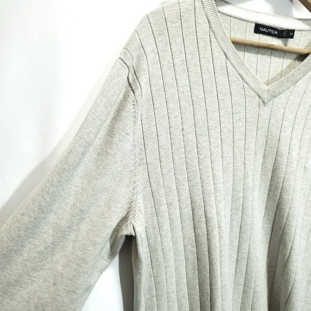 Nautica Mens 100% Cotton Sweater Argyle Vneck Size Extra Large Beige